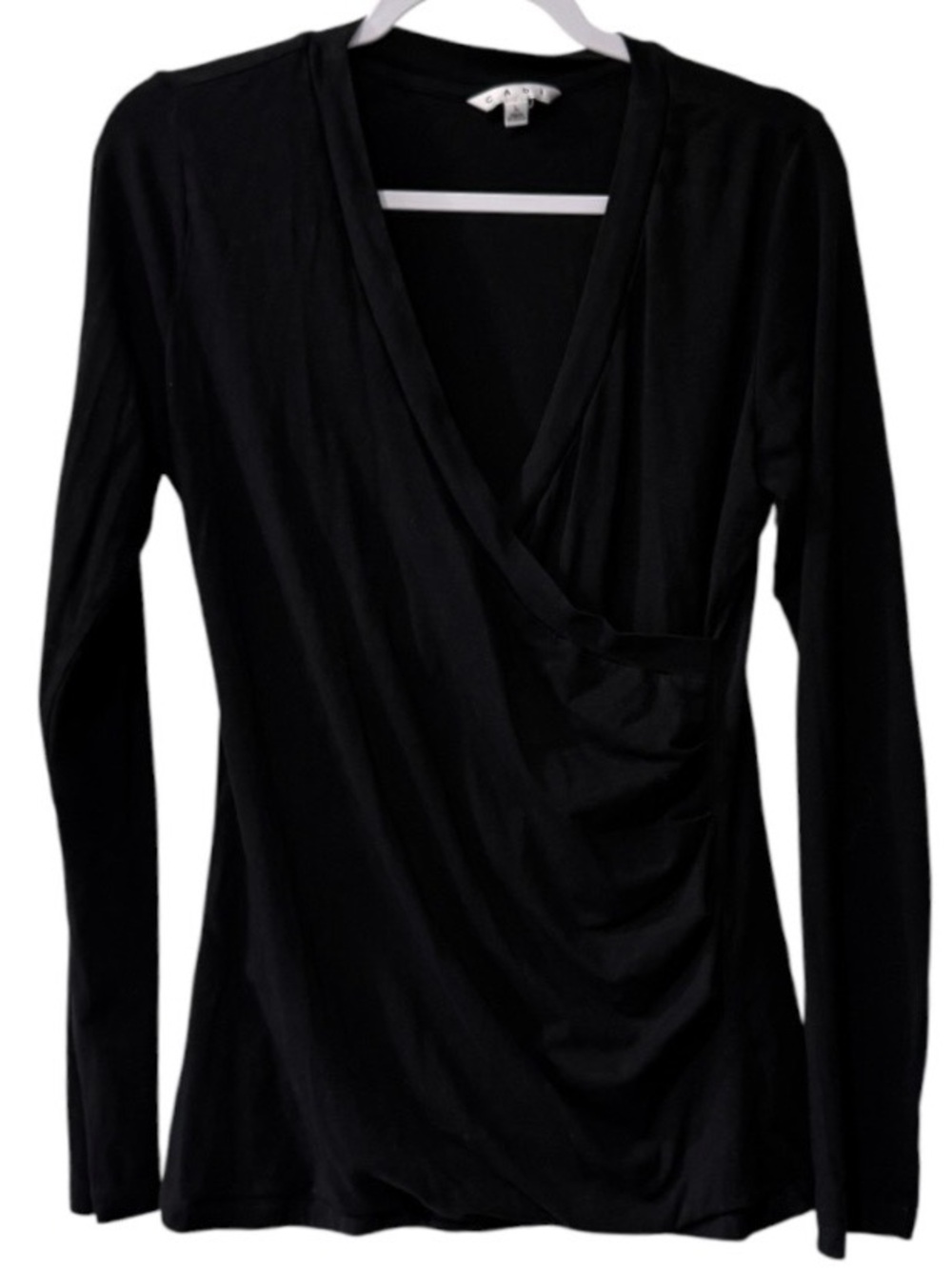 CAbi women’s Large long sleeve faux wrap black top with a deep surplice V-neck